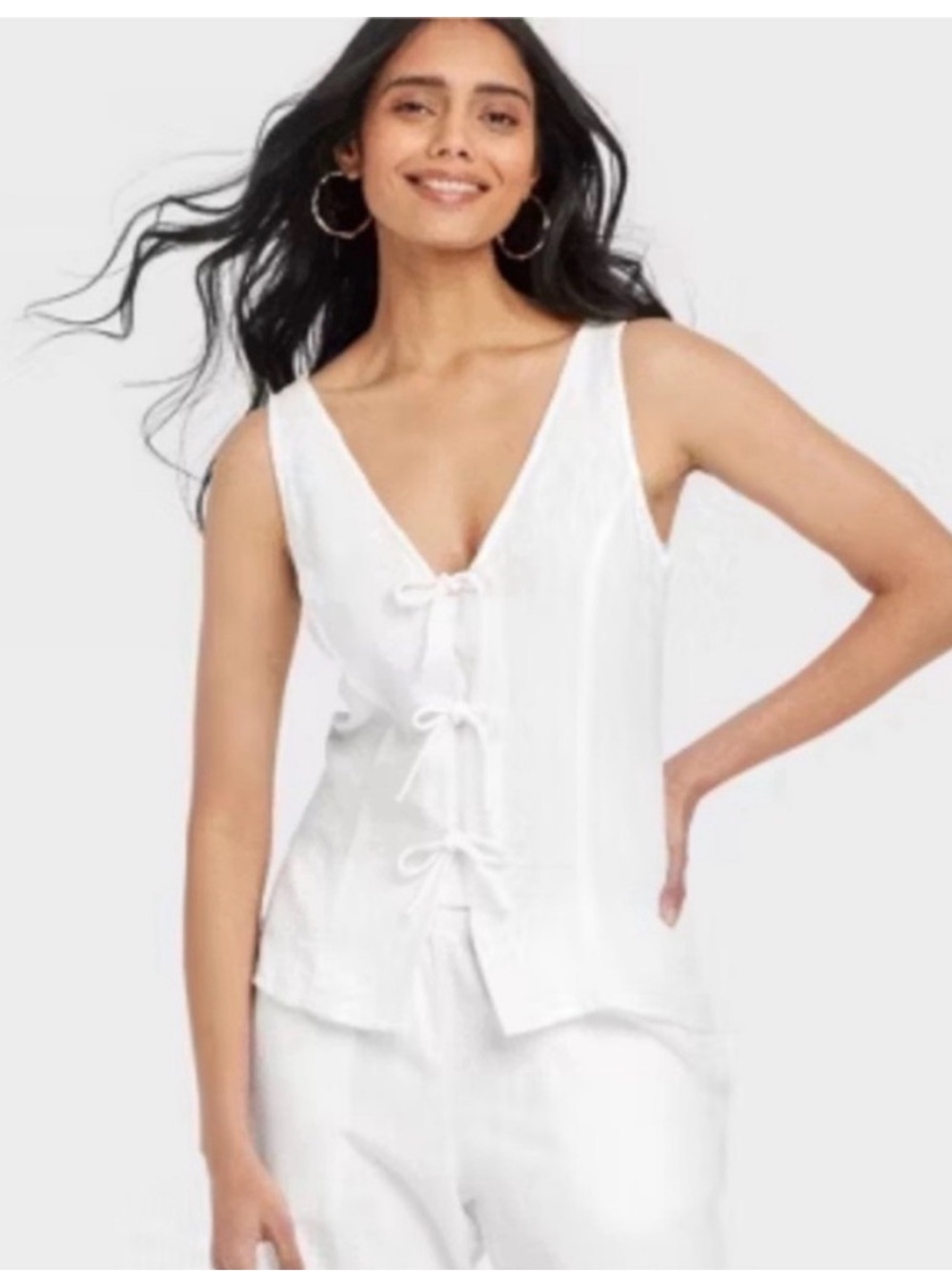 White Tie-Front V-Neck Top